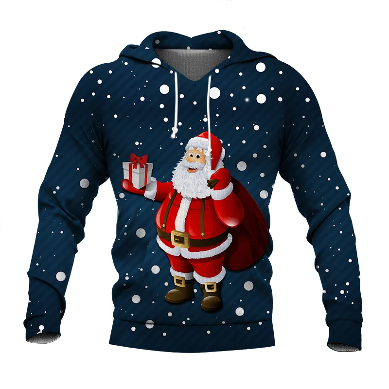 

2023 New Fashion Christmas Men's Women's Hoodie Santa Claus Graphic 3D Printing Unisex Long sleeved Sportswear Retro Blue Casual