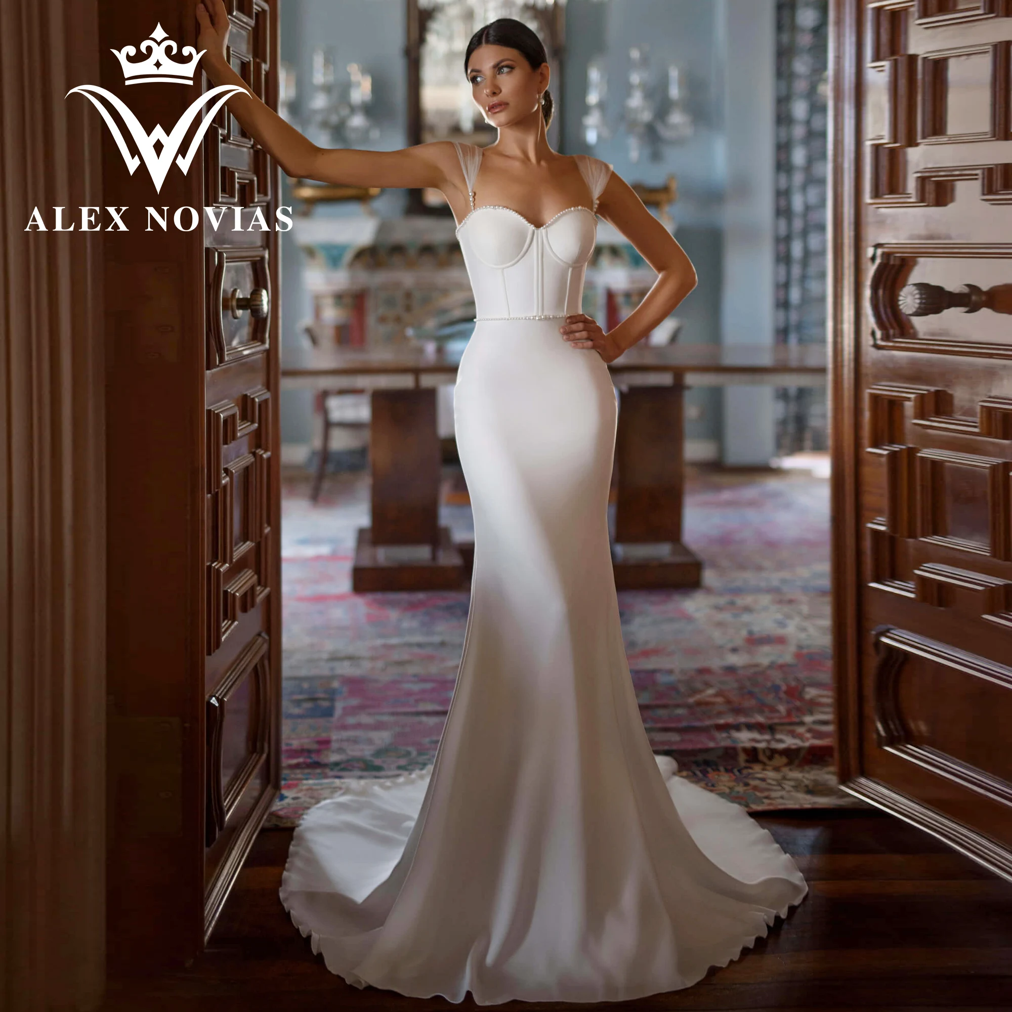 

Свадебные платья ALEX NOVIAS с атласной юбкой-годе, 2023, на бретелях-спагетти, с сердечком и жемчужинами, Vestidos Novias De Saten