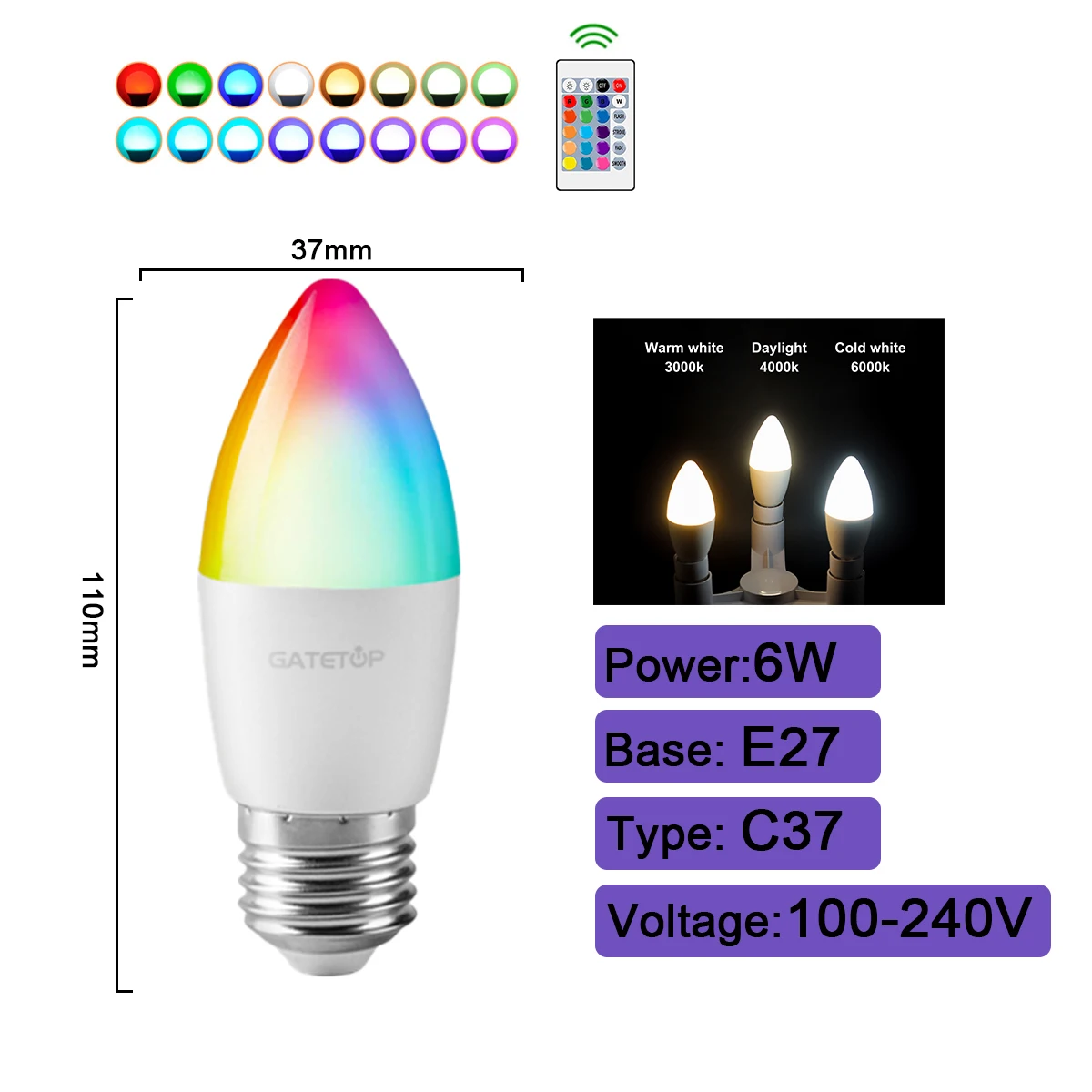 ตัวเลือกสินค้า หลอดไฟ RGBW สปอตไลท์ ปรับสีได้ พร้อมรีโมท E27 E14 B22 GU10
