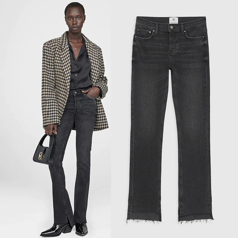 

23 Early Fall New North American Niche Ab Mid-waist Black Gray Shot Front Short Back Long Skinny Pants Women's Jeans