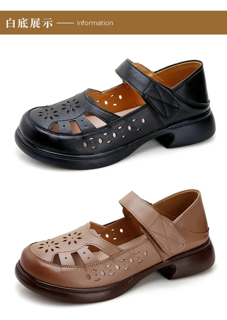 Sandalen Damen Löcher atmungsaktive Echt leder Schuhe Frau Gladiatoren Sommer Block Low Heels Mary Jane Mutter Sandalen Schuhe – Detail 20