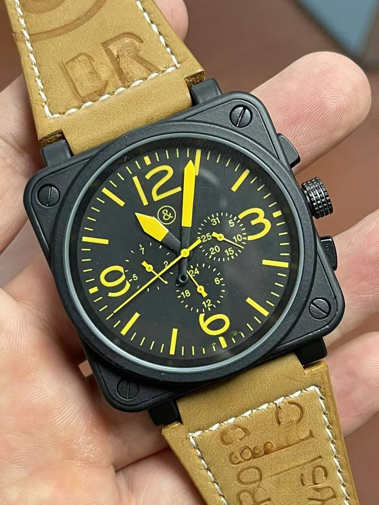 mens watch automatic mechanical bell brown leather black rubber ross 6 hands 46mm