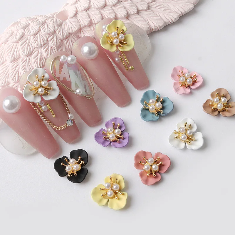 

10pcs Metal Pearl Flower Nail Decorations 3-Petal Flower Alloy Floral Shaped Nail Art Charms Luxury Nail Art Manicure Jewelry