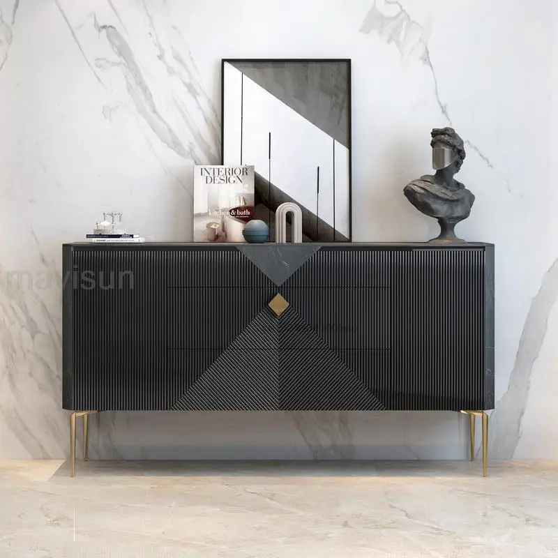 Light Luxury Kitchen Sideboard In Gray High Quality Rock Plate Countertop Italian Style Furniture Living Room Display Cabinet