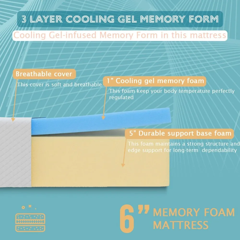 6 Inch Mattress, Gel Memory Foam Full Mattress, Pressure Relieving, Cooling Gel Foam, Mattress in a Box, Certipurr-Us Certified 3