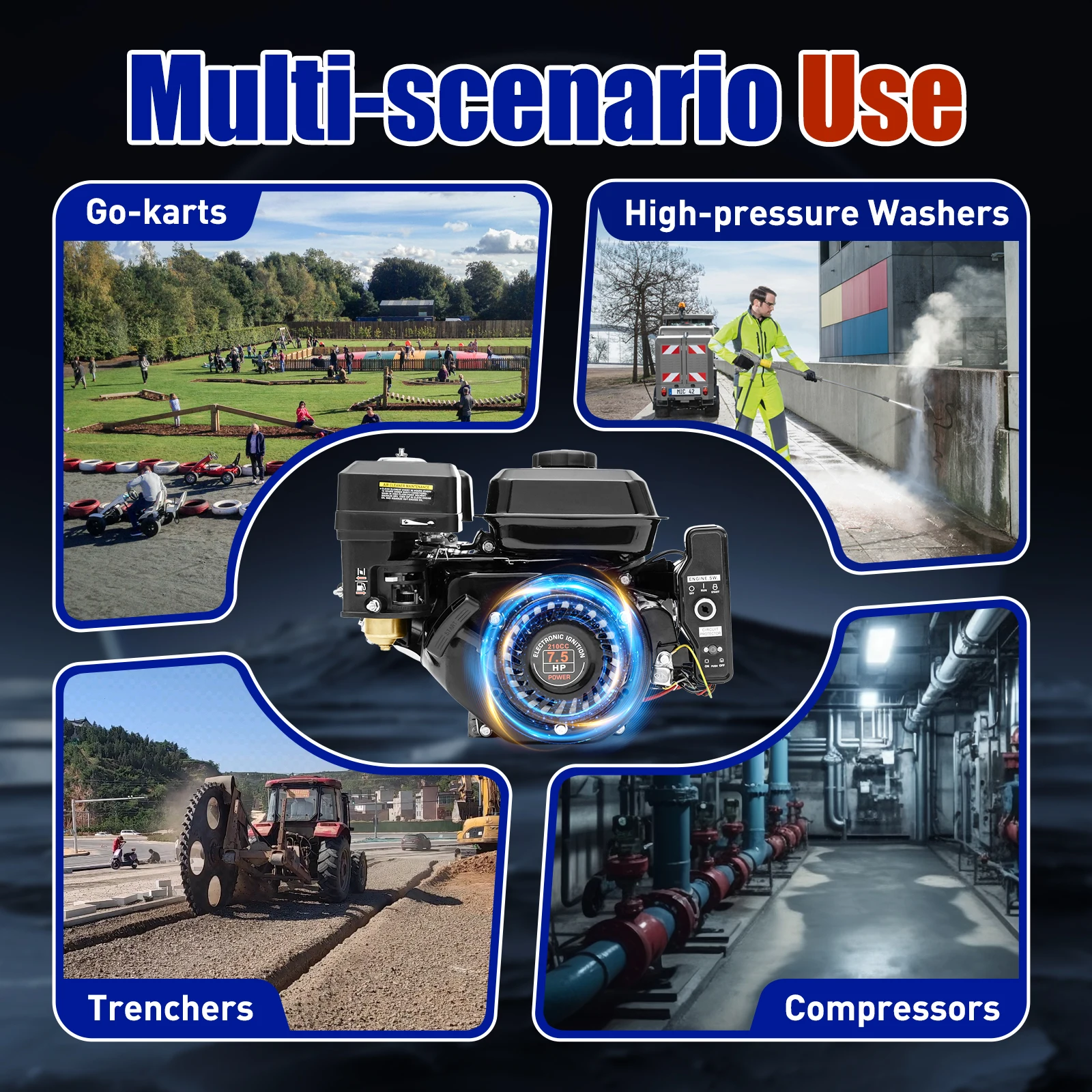 4-stroke 210cc Gasoline Engine Motor 7.5hp Electric Engine Air Cooling 3600rpm for Go-karts Compressors Trenchers Generators