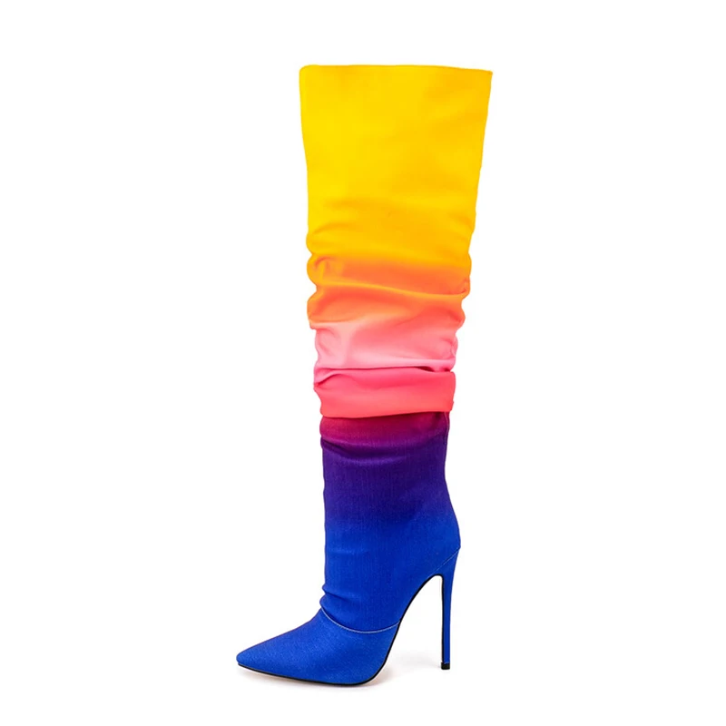 

Colorful Mixed Big Size 47 Stiletto Style High Slim Heels Shoes Women Pointed Toe Pleated Knee High Boots Slip On Long Booties