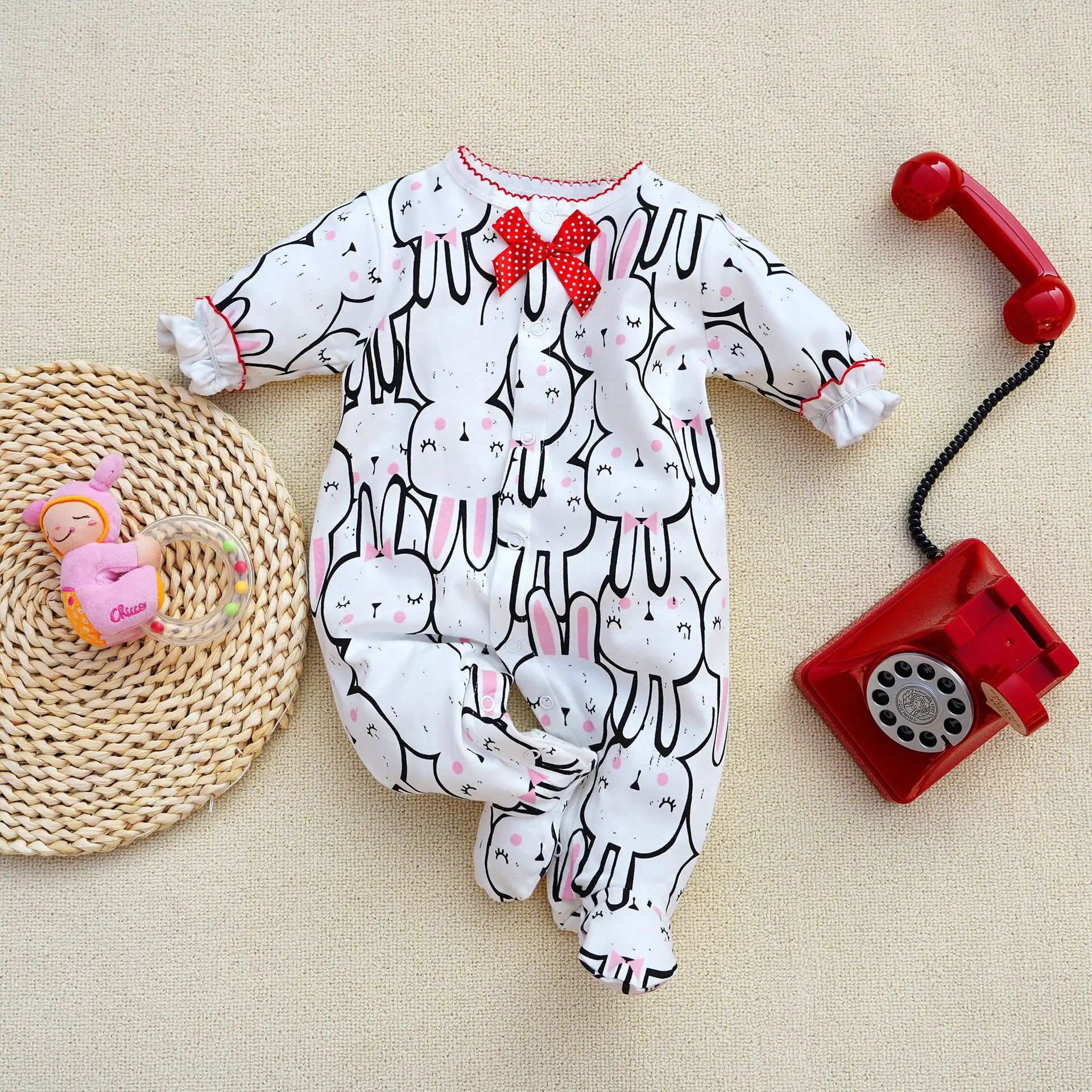 Prowow 0-12M Baby Girls Pink Rabbit Swan Footies Pajamas For Infants Long Sleeve Newborn Romper Jumpsuit baby sleepsuit,baby clothes