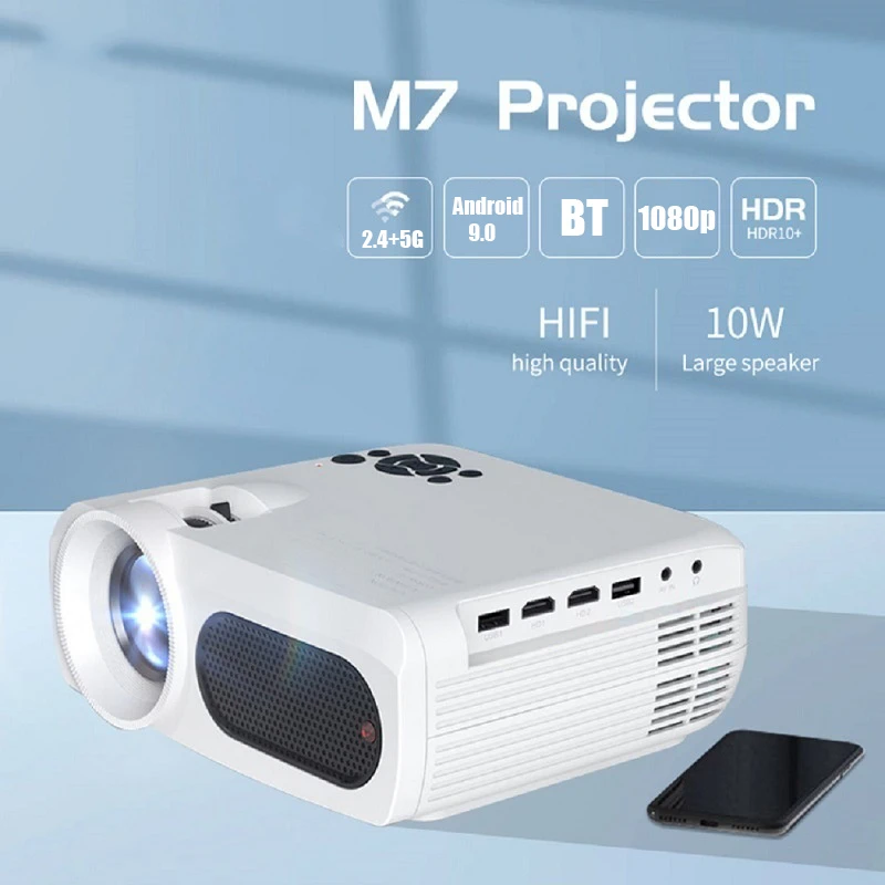 M7 4k Smart Projector 300 Ansi 1920*1080P BT4.1 Dual WiFi Android 9.0 Support 8K Video Home Cinema Outdoor Portable Projector