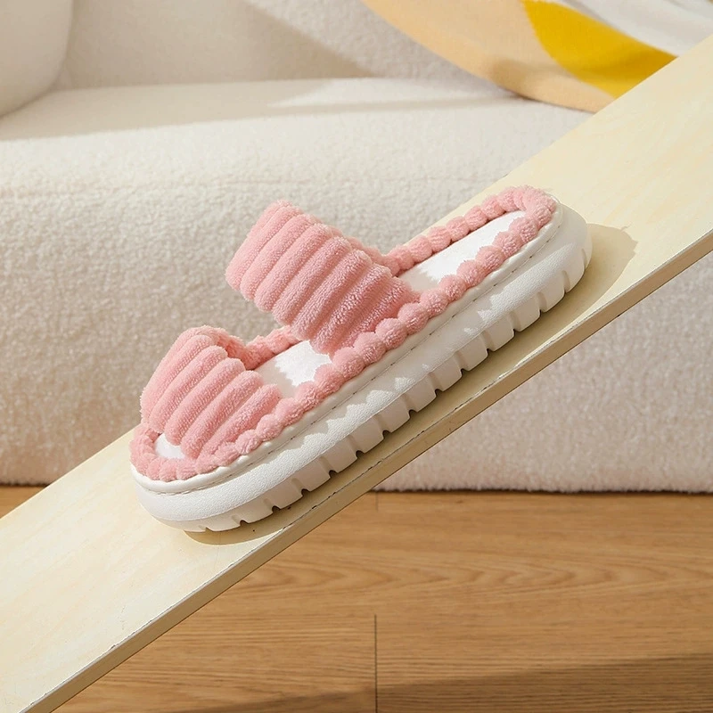 Double Straps Women's Home Slippers Fashion Corduroy Thick Bottom Cotton Slippers for Women Non Slip Indoor Bedroom Warm Slides