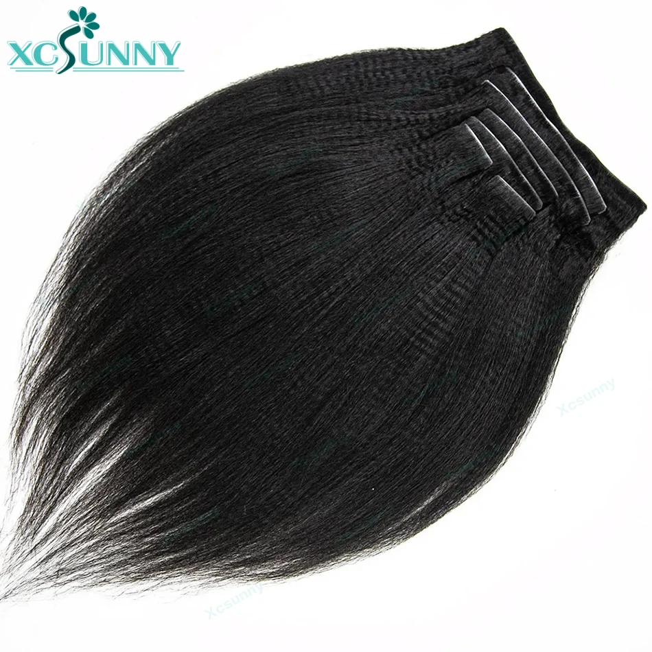 Invisable Edge Clip Ins Human Hair Extensions Yaki Straight Injected PU Tape Weft Clip In Hair Extensions 7Pcs/set Clip on Hair 4