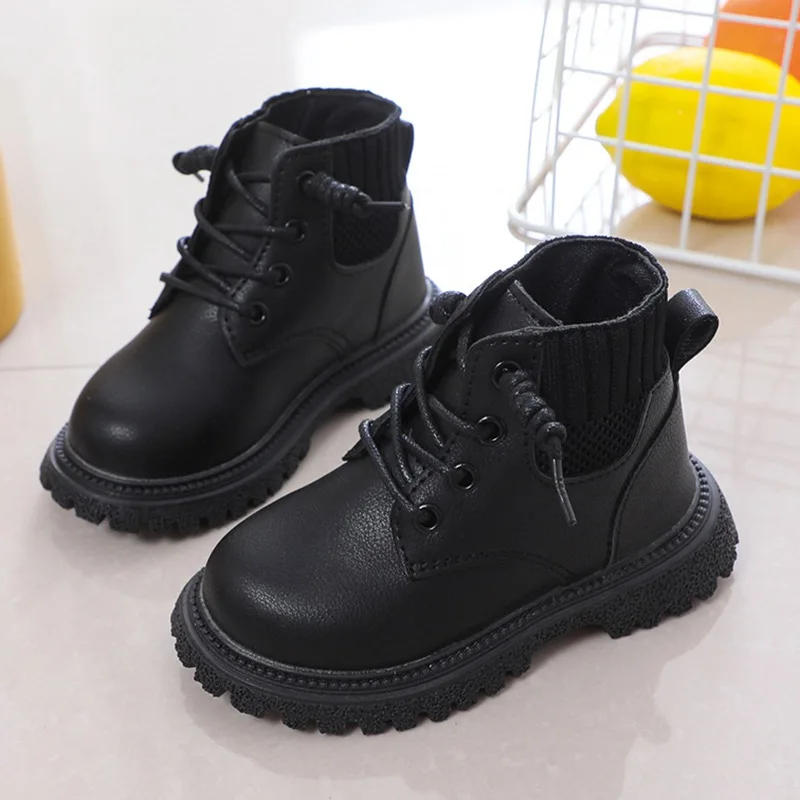 Children Sports Shoes Children Fashion Casual Shoes Autumn Lace Up Boots Girls Boys Leather Soft Antislip Boots Solid Color Breathable Shoe 21-30
