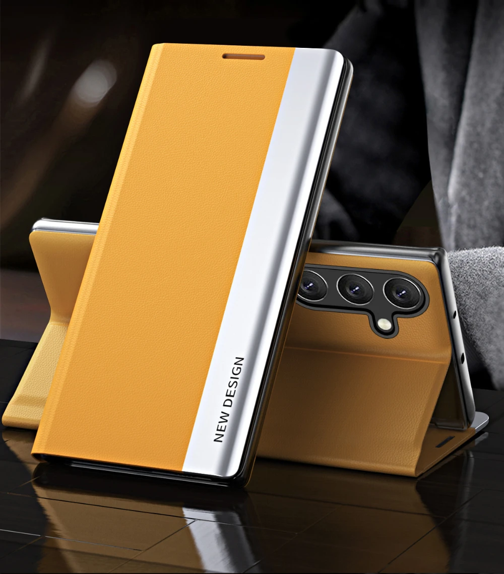 Leather Flip Phone Case with Shockproof Stand and Durable Hard PC Cover