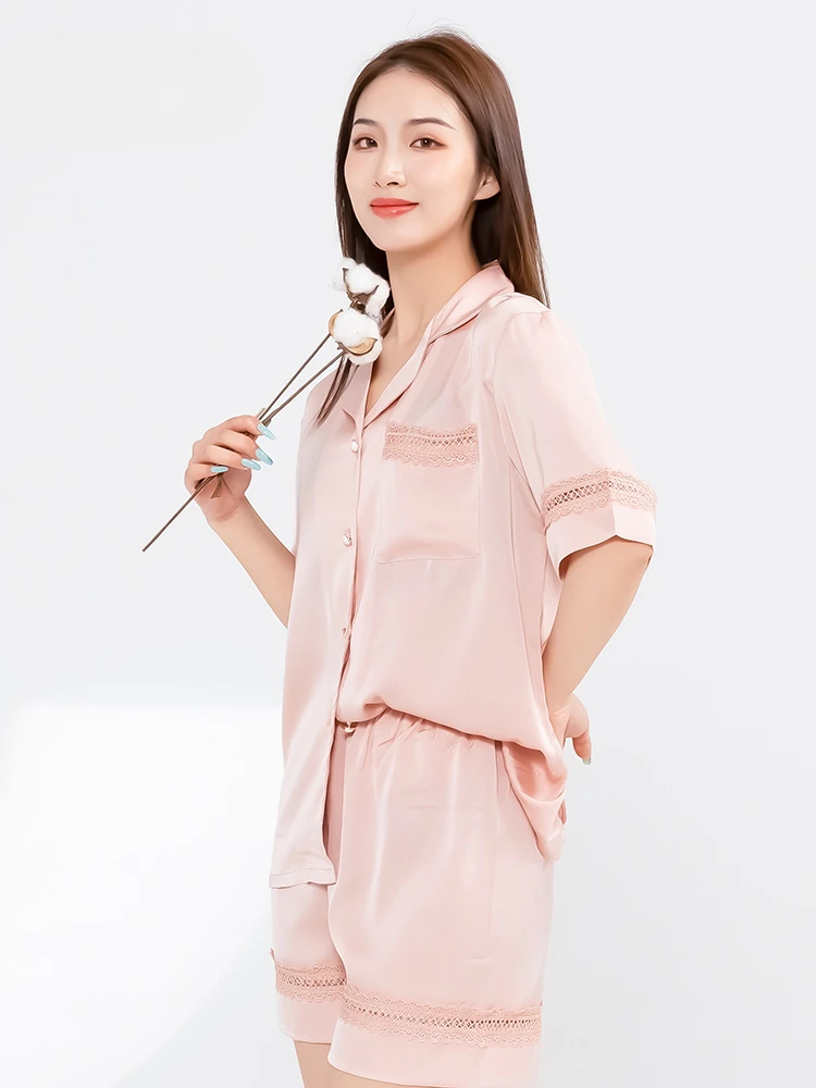 Pajamas Short Sleeve Women's Solid Color Hollow Lace Lapel Simple Casual Skin-Friendly Soft Home Wear Suit Gift Box SpringSummer