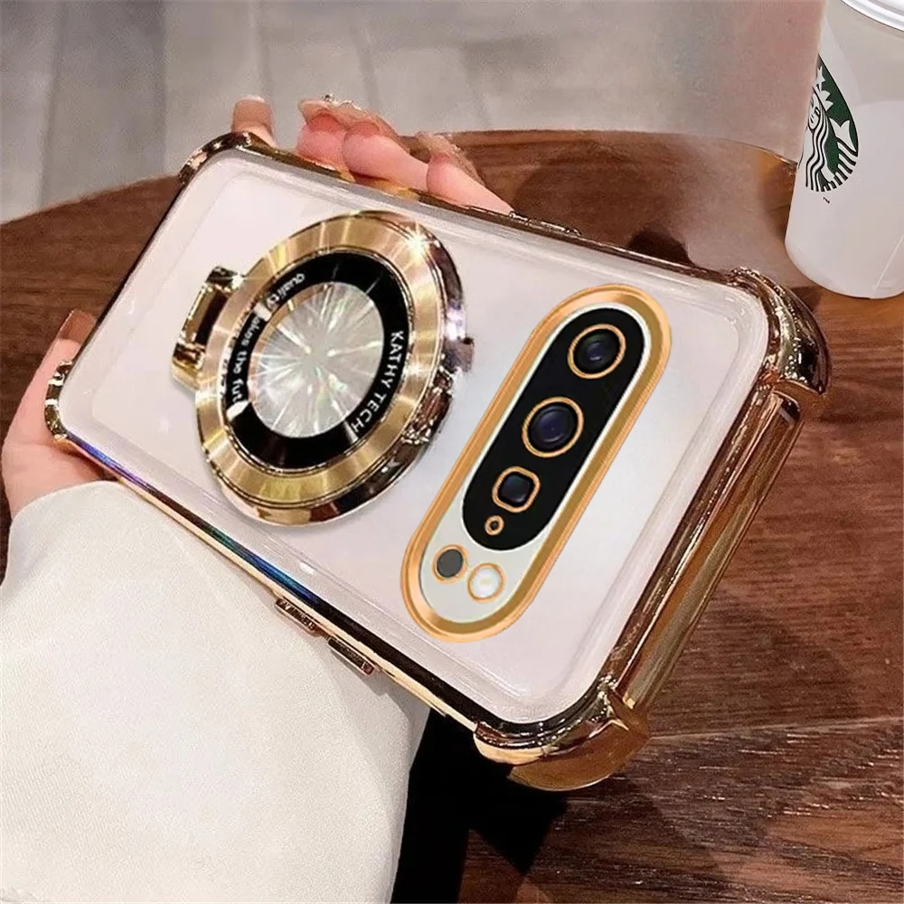 Premium Shockproof Clear Silicone Phone Case with Stand and Luxury Plating