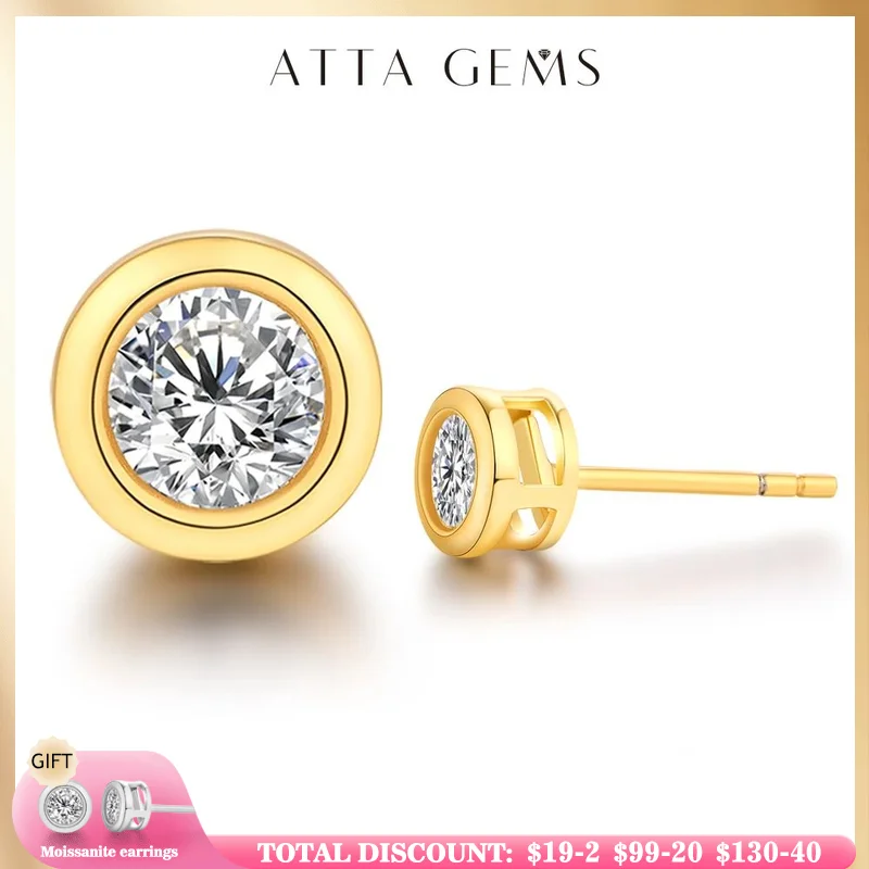 ATTAGEMS 14K 10K Moissanite Yellow Gold Bezel Setting Stud Earrings for Women Brilliant D VVS Solitaire Korean Earrings New