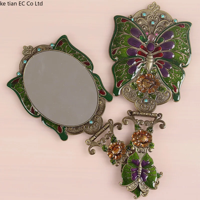 Russian makeup mirror Desktop Princess portable handle folding mirror Hand-held vintage butterfly imitation bronze makeup mirror