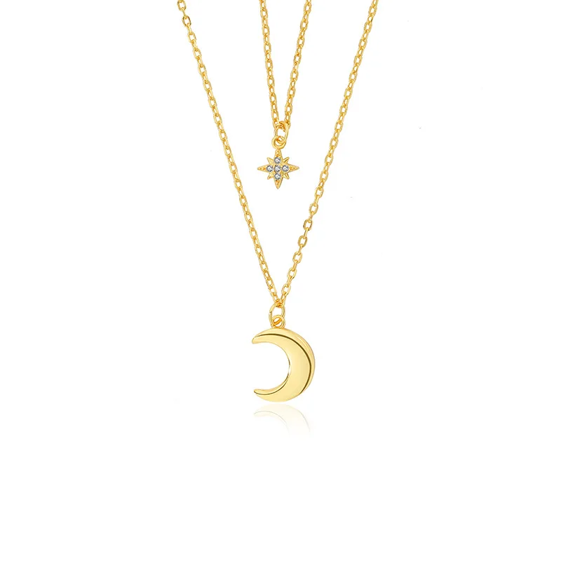 925 Sterling Silver Double Layer Moon Necklace for Women's Ins Small Octagon Zircon Collar Chain