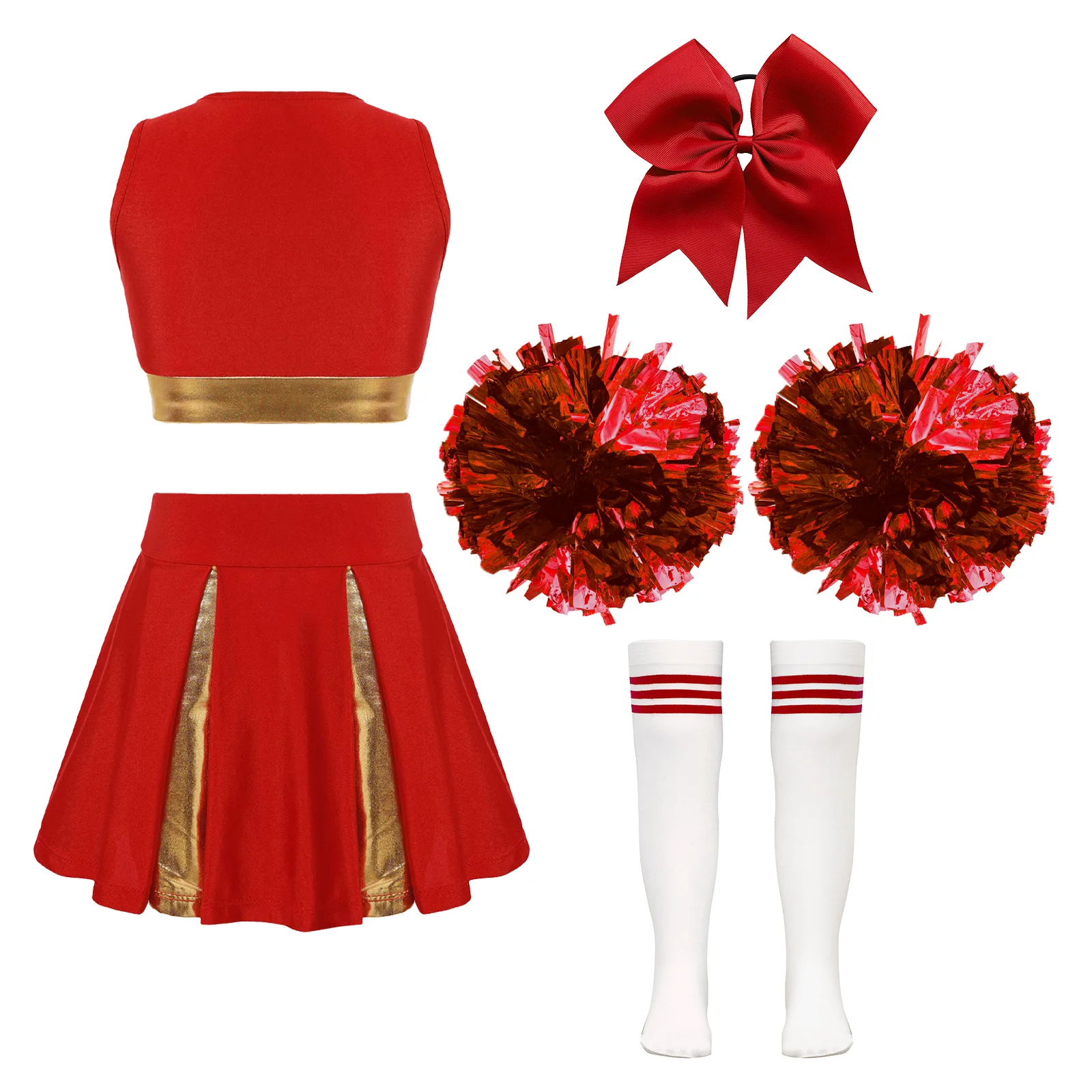 Girls Cheerleading Dance Outfits Sleeveless Crop Top Pleated Skirt Hair Tie Flowers Tube Socks Sports Meet Performance Costumes