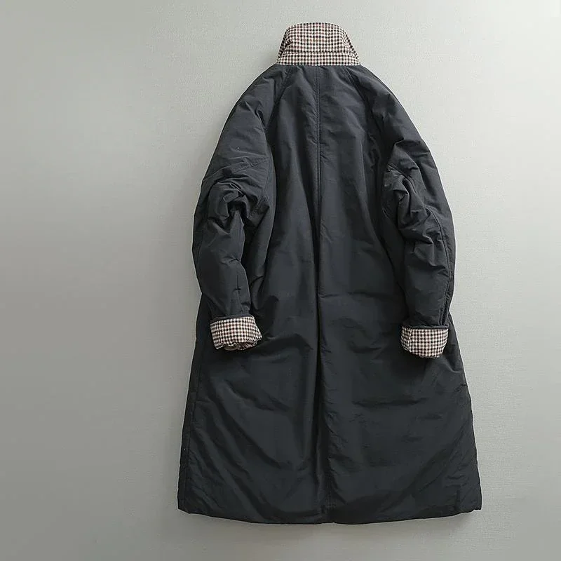 Winter Retro Color-block Collar Cotton-padded Parkas Classic Mid-length Over-the-knee Causal Loose High Street Windbreakers 3