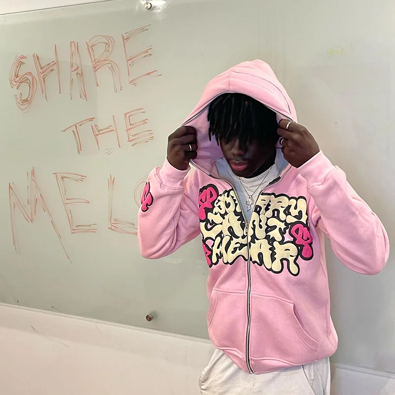 Zip Up Hoodie Sweatshirt Jacket Print Hoodies Harajuku Jacket Letter Print Coat Men Women Pink Zip Hooded Oversized Long-sleeved Zipper Top Casual