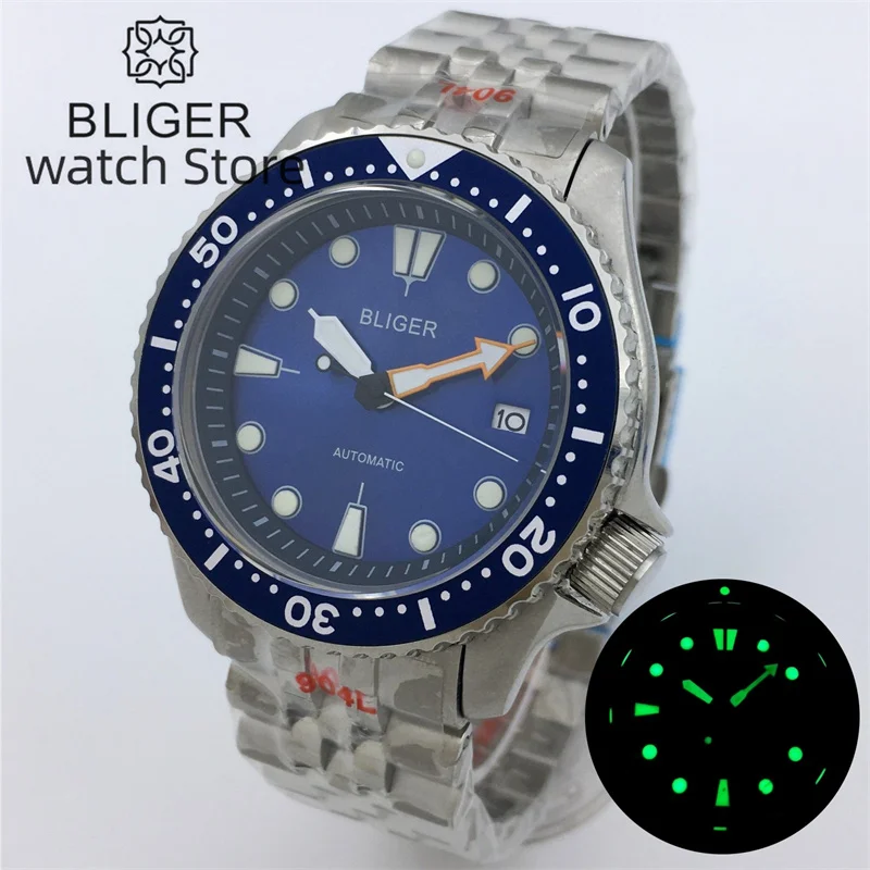 BLIGER 41mm SKX Model 3.8 Crown NH35A Mechanical Diver Watch For Men NH35 Movt Blue dial sapphire crystal 200M Waterproof Clock воблер crystal deep diver hcl yo zuri duel