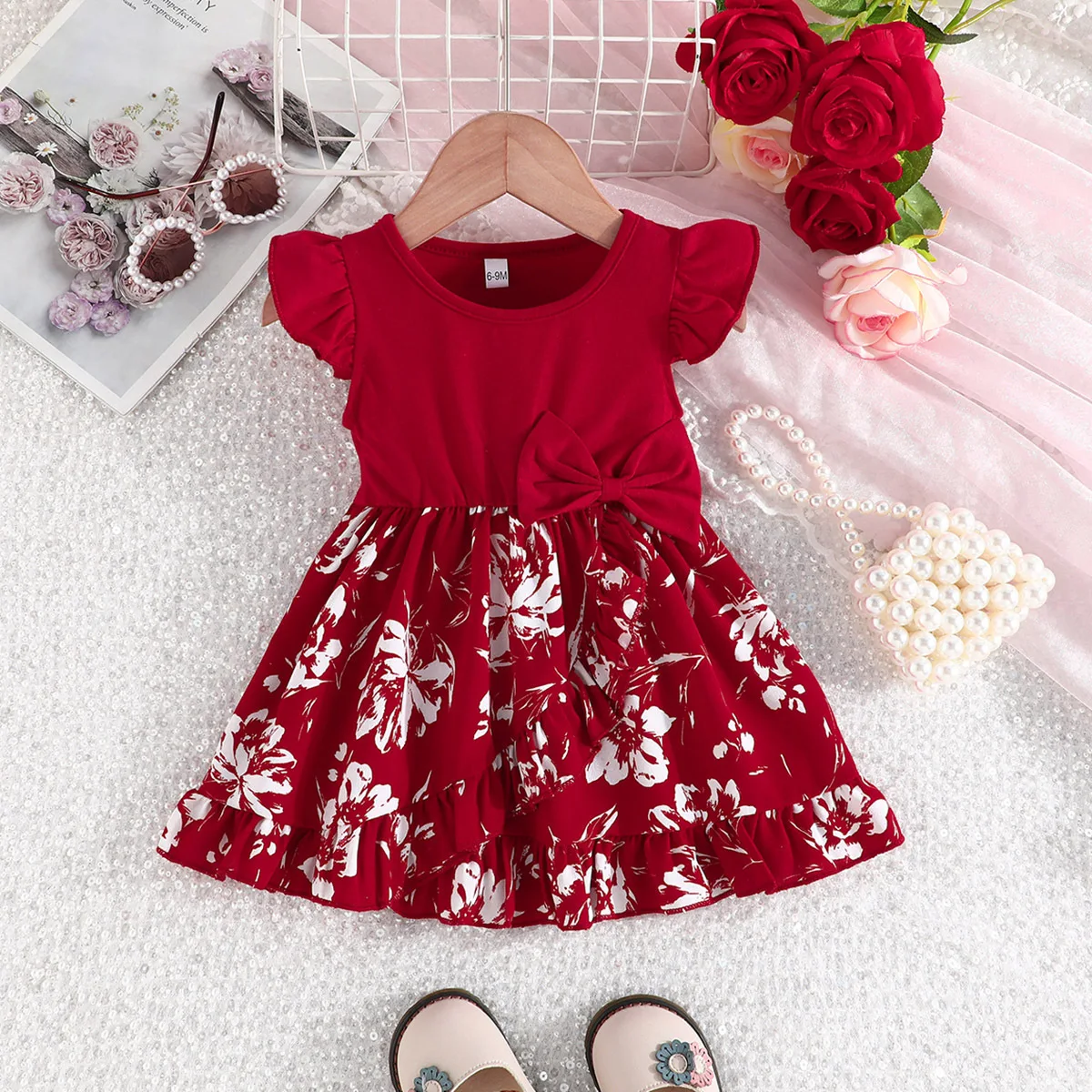 

Summer 2024 New Arrivals Girls Sleeveless O Neck Bow Print Floral Red Infantil Menina Cute Party Dress Custume 0-2T