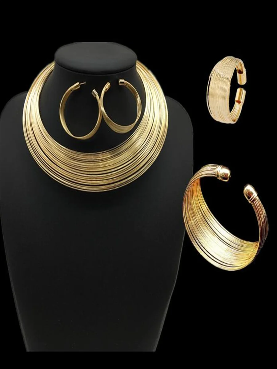 Jewelry Sets Alloy multi-wire collar ring earrings bracelet set of four Gold-plate electroplated alloy jewelry for woman