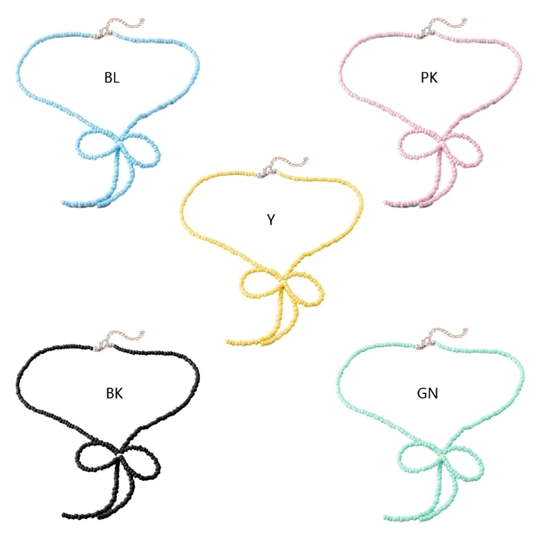 

Colored Rice Beads Necklace Female Temperament Seed Bead Bowknot Collarbone Chain Student Adjustable Chain Sweater Chain