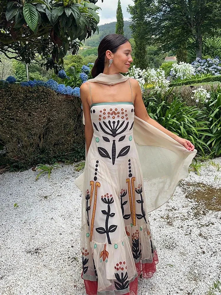 

Fashion Print Ruffle Splice Sling Midi Dress for Women Sexy Off Shoulder Backless Sleeveless Vestido 2024 Spring Holiday Robe