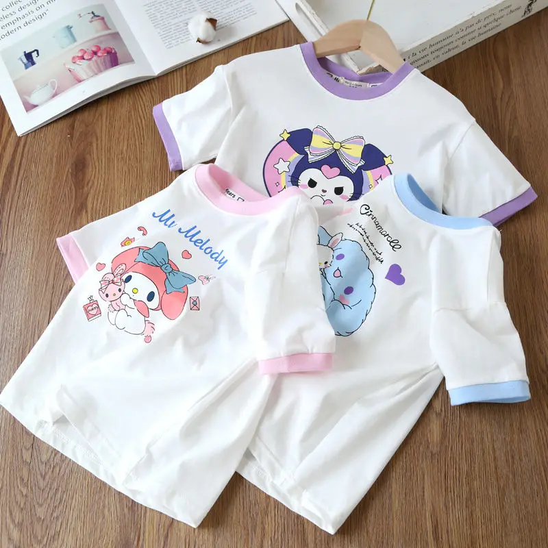 

Kawaii Kuromi Girls Short-Sleeved T-Shirt Sanrio Anime My Melody Cinnamoroll Tops Summer Sweet Cute Cartoon Babys Clothes Gifts