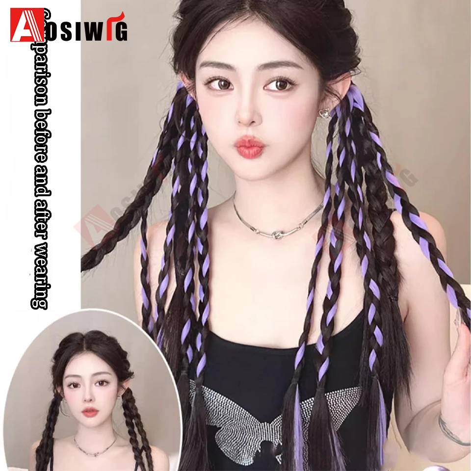 Y2K 합성 옴브레 컬러풀 도파민 컬러 복싱 브레이드 포니테일 연장 가발 4가지 브레이드 고무줄 헤어스타일 여성용 데일리