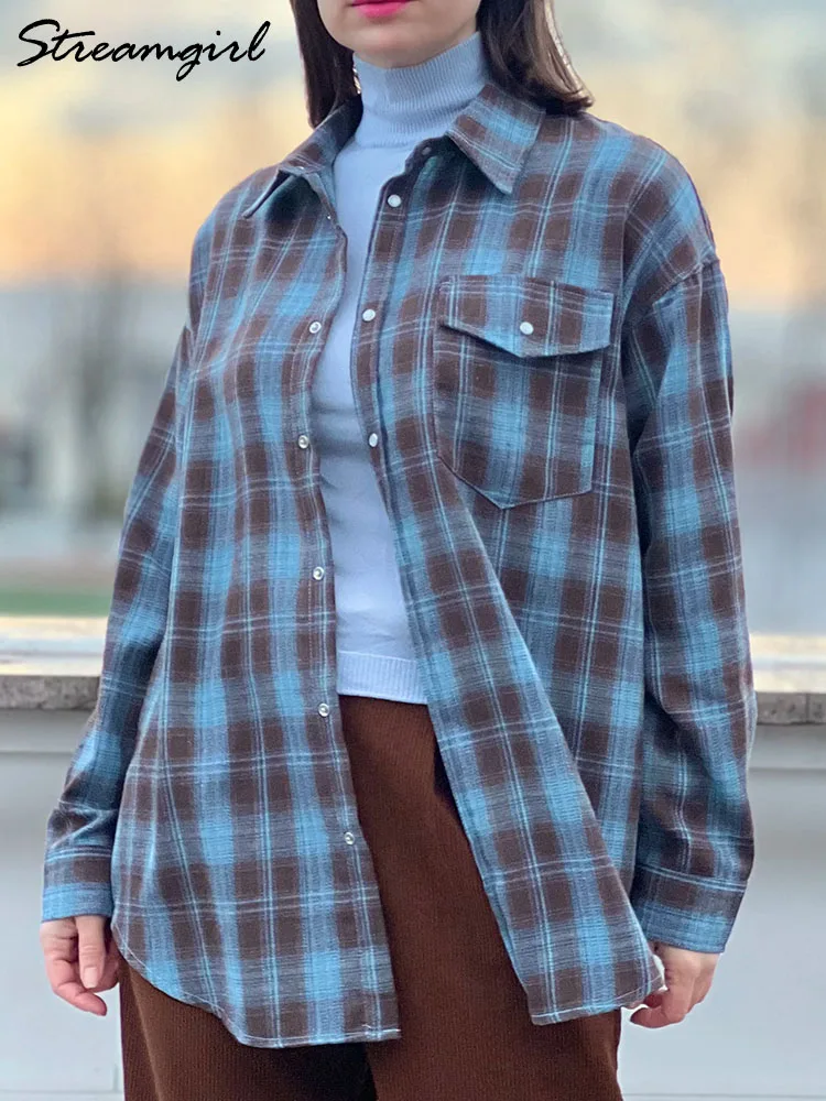 Women Shirts Plaid Oversized Shirts For Women Office Spring Loose Buttoned Shirt Pocket Long Sleeve Vintage Blouses