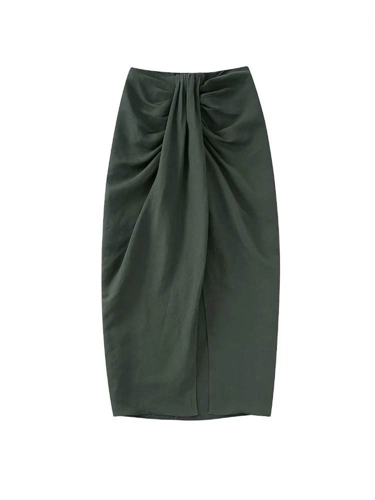 

TRAF Skirt Women Fashion Front Knot with Pleats Linen Midi Vintage High Waist Back Zipper Female Blackish Green Skirts Mujer