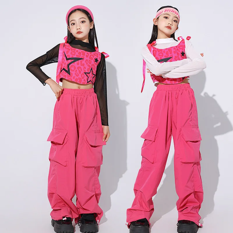 

Girls Rose Red Hip Hop Outfits Long Sleeve Top Loose Cargo Pants Street Dance Suit Children Streetwear Kids Jazz Clothes Sets