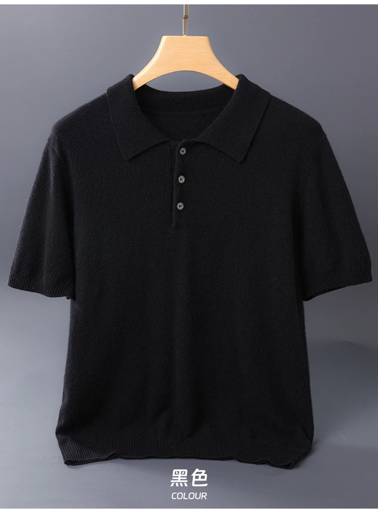 قميص بولو رجالي قصير الأكمام من الكشمير 100٪ للأعمال والملابس غير الرسمية، سترة للربيع والصيف