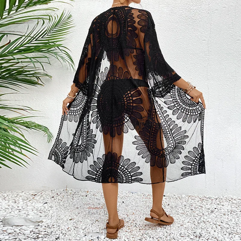 Illusion Sheer Beach Cover 2024 - Floral Lace Kimono Swim Wrap Sexy Sun Protection Open Front Tunic Resort Essential 1