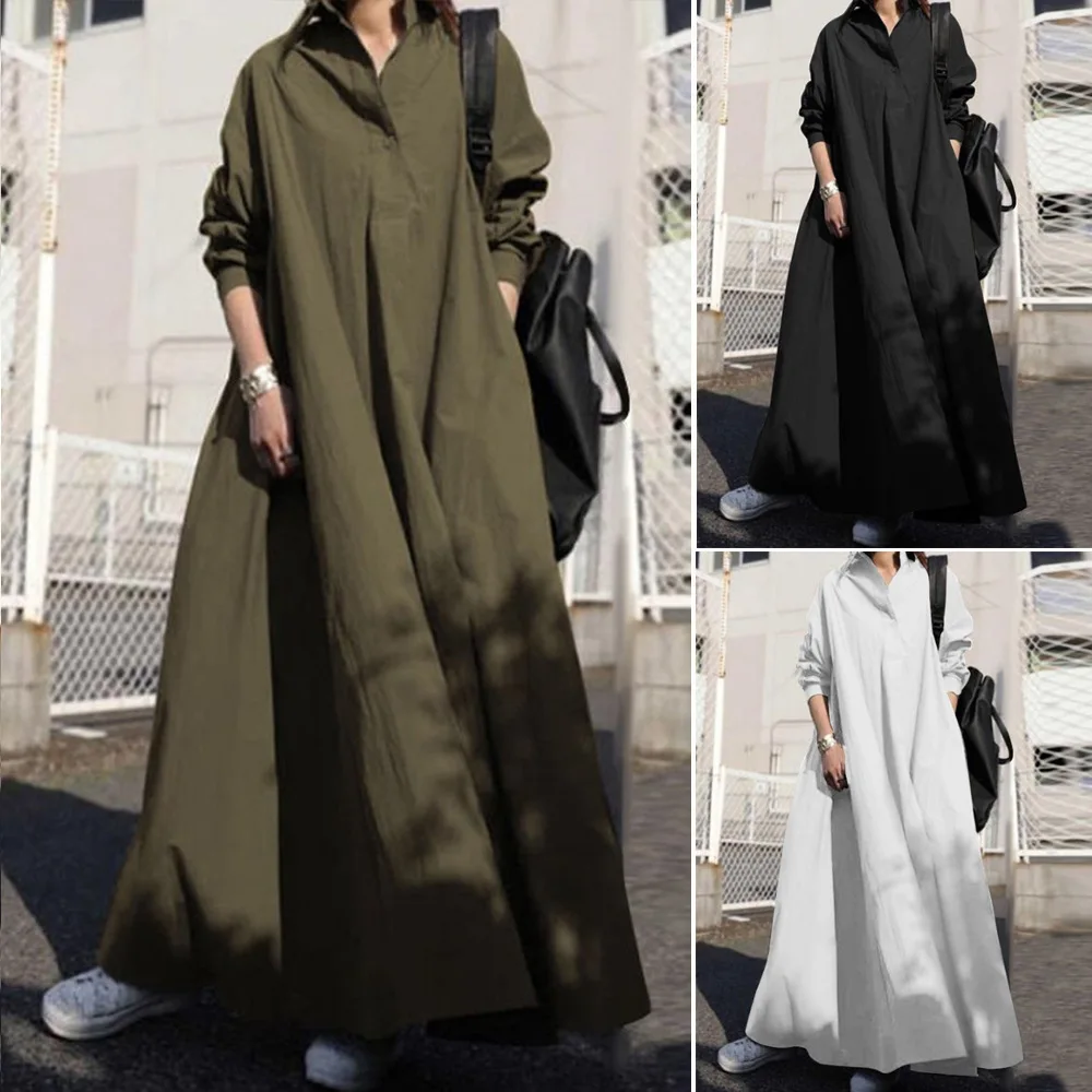 

2024 autumn and winter new long sleeved large display solid color cotton and linen retro casual loose dress for women