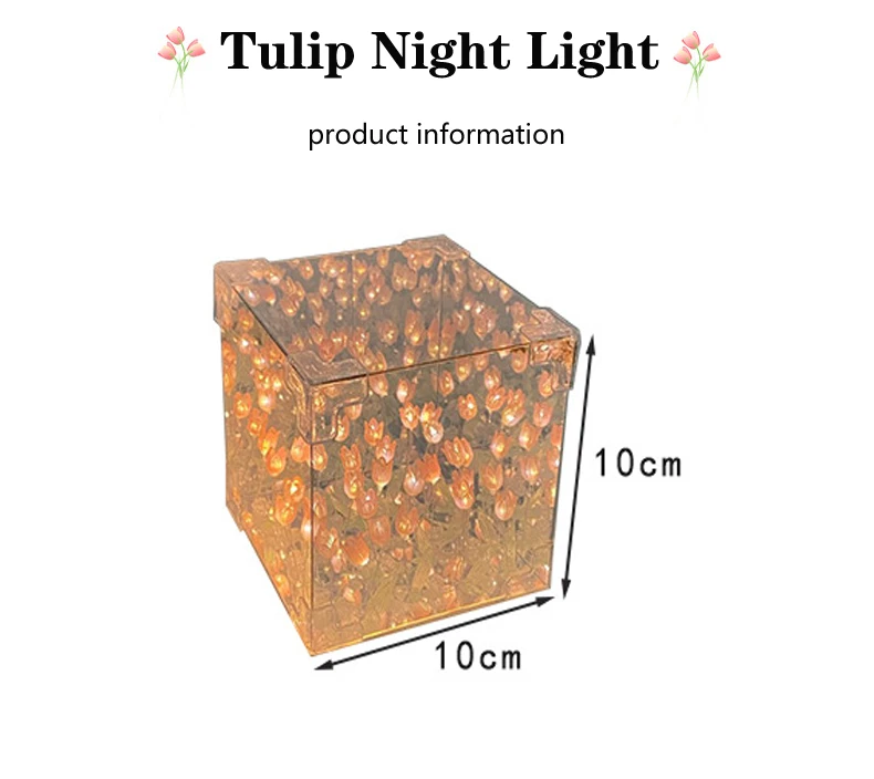 DIY Tulpenlampe, dreidimensionale transparente Cuby-Nachtlichtlampe und Spiegel, 2-in-1-Jubiläumsgeschenke für Paare, Schlafzimmerdekorationen – Detail 2
