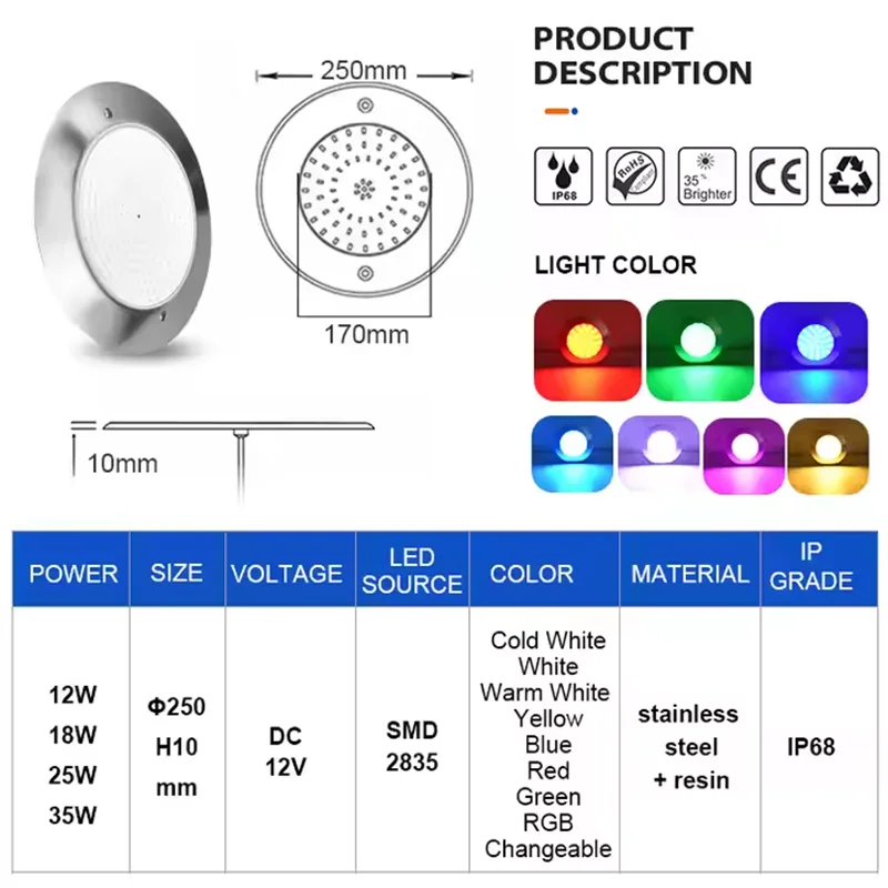 투야 와이파이 12V IP68 RGB 스테인리스 스틸 레진 충전 18W 25W 35W 수중 LED 수영장 조명 스팟 피시네 LED