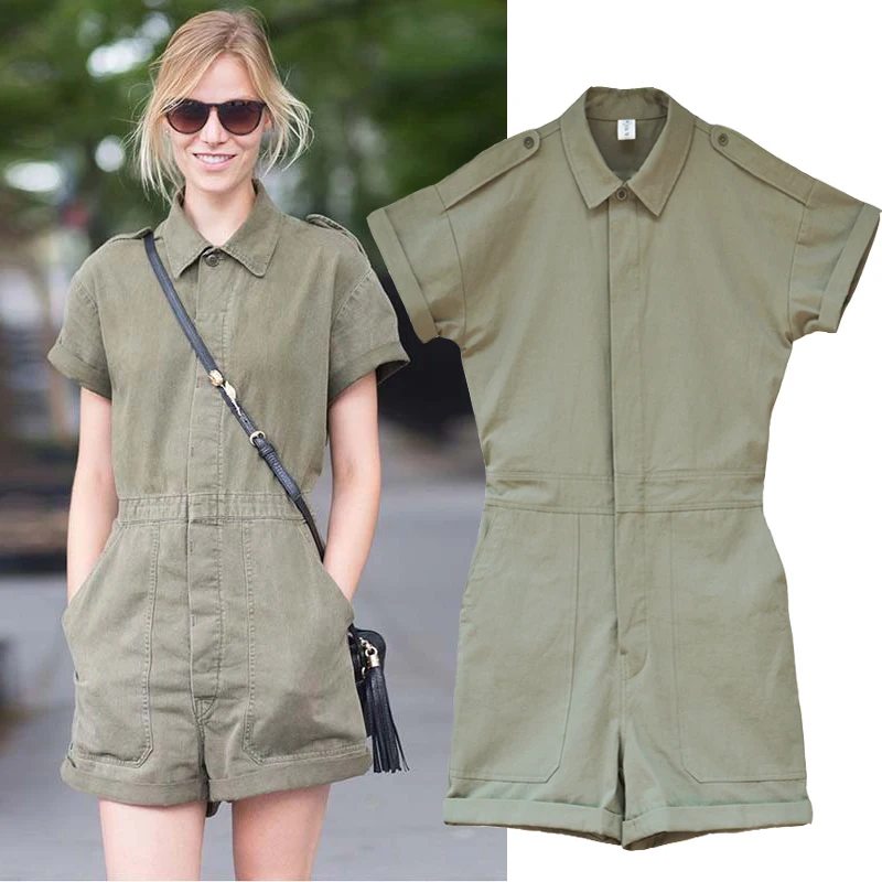 

Army green tooling jumpsuit street shooting European and American style star cotton jumpsuit summer new short-sleeved shorts