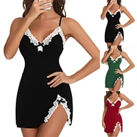 Sexy Sleepwear Women Lace Silk Satin V-Neck Nightgown Split Hem Soft Lingerie Night Dress Sleeveless Sleepwear Female Clothes - Image 2
