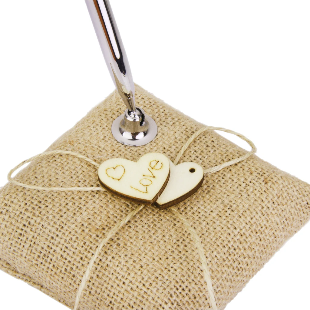 Vintage Burlap Pen Stand and Pen Set For Wedding Bridal Reception Wood Hearts Decor Party Event Favor Guests Kid Gifts guest book pen