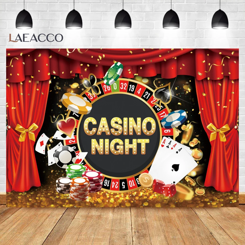 Laeacco Casino Party Photo Backdrop Birthday Theme Party Decor Playing Cards Golden Glitters Red Curtain Photography Backgrounds