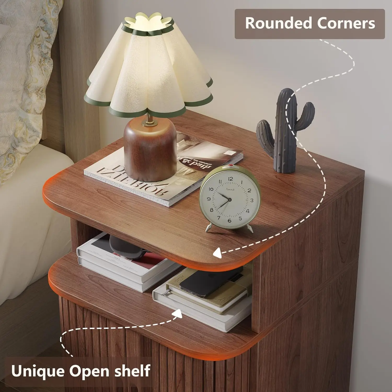 Mid Century Modern End Table with Sliding Tambour Door,Fluted Wood Nightstand, Curved Round Edge Side Table with Storage Cabinet