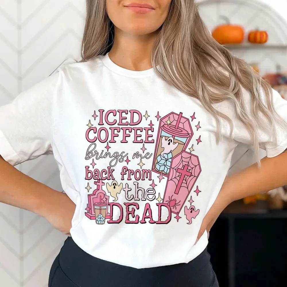 

Модная женская футболка с надписью «холодный кофе» и надписью «Bring Me From The Dead», Повседневная футболка с цветочным принтом для Хэллоуина