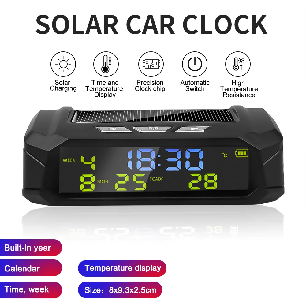Car Clock USB Solar Charge Smart Digital Clock Calendar Time Temperature LED Display Automobile Interior Accessories Auto Start