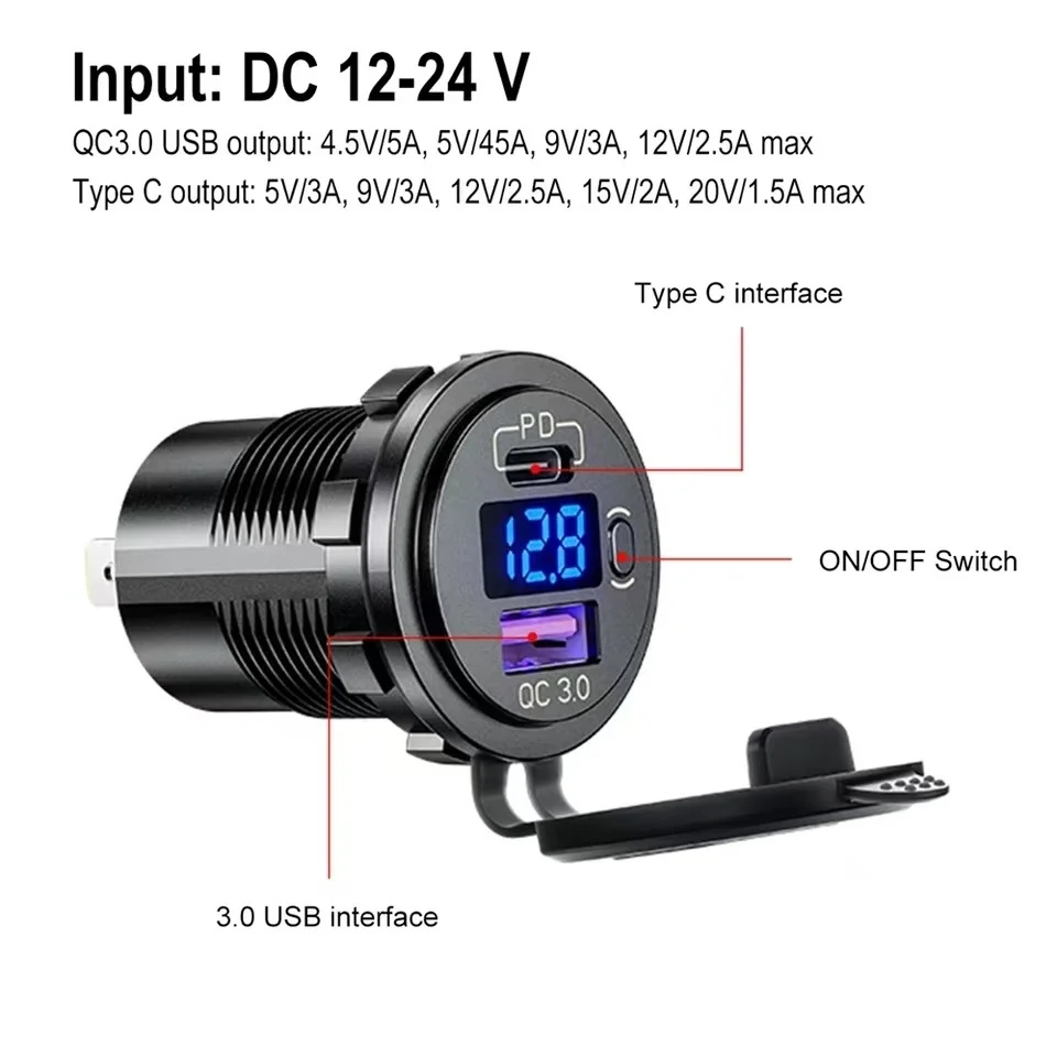 USB C 차량용 충전기 소켓 12V/24V 듀얼 USB 소켓 PD3.0 및 QC3.0 차량용 USB 포트 LED 전압계 및 온/오프 스위치 포함