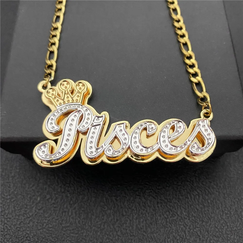 

AurolaCo Custom Name Necklace Custom Gold and Silver Color Stainless Steel Nameplate with Crown Necklace for Women Gifts