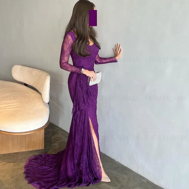 Purple Lace Formal Occasion Dresses 2025 Sweetheart Long Sleeves Ball Gowns Pleat Slit Sexy Evening Party Gown فساتين الحفلات 1